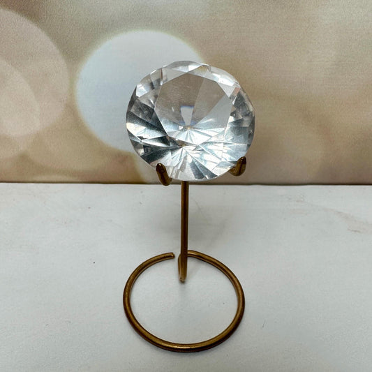 Clear Quartz Faceted Diamond On Custom Gold Stand From Brazil