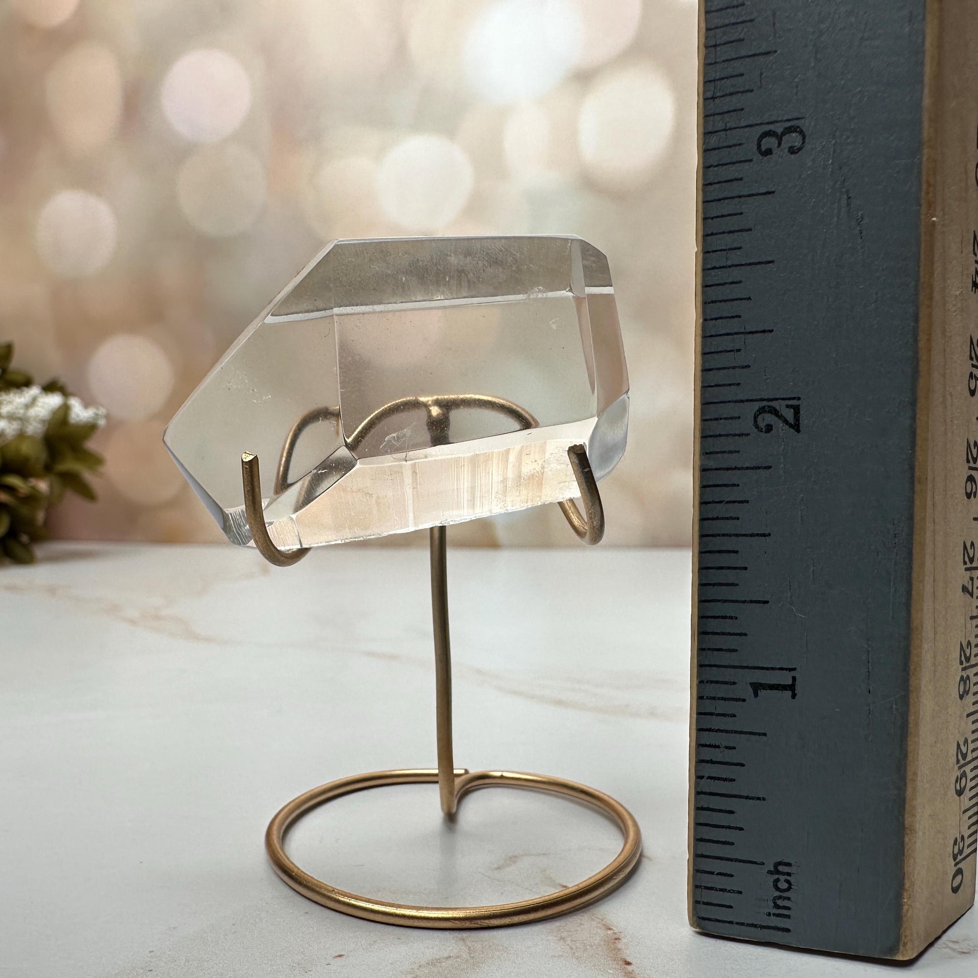 Lemurian Quartz Semi Polished Point | On Custom Gold Stand From Brazil