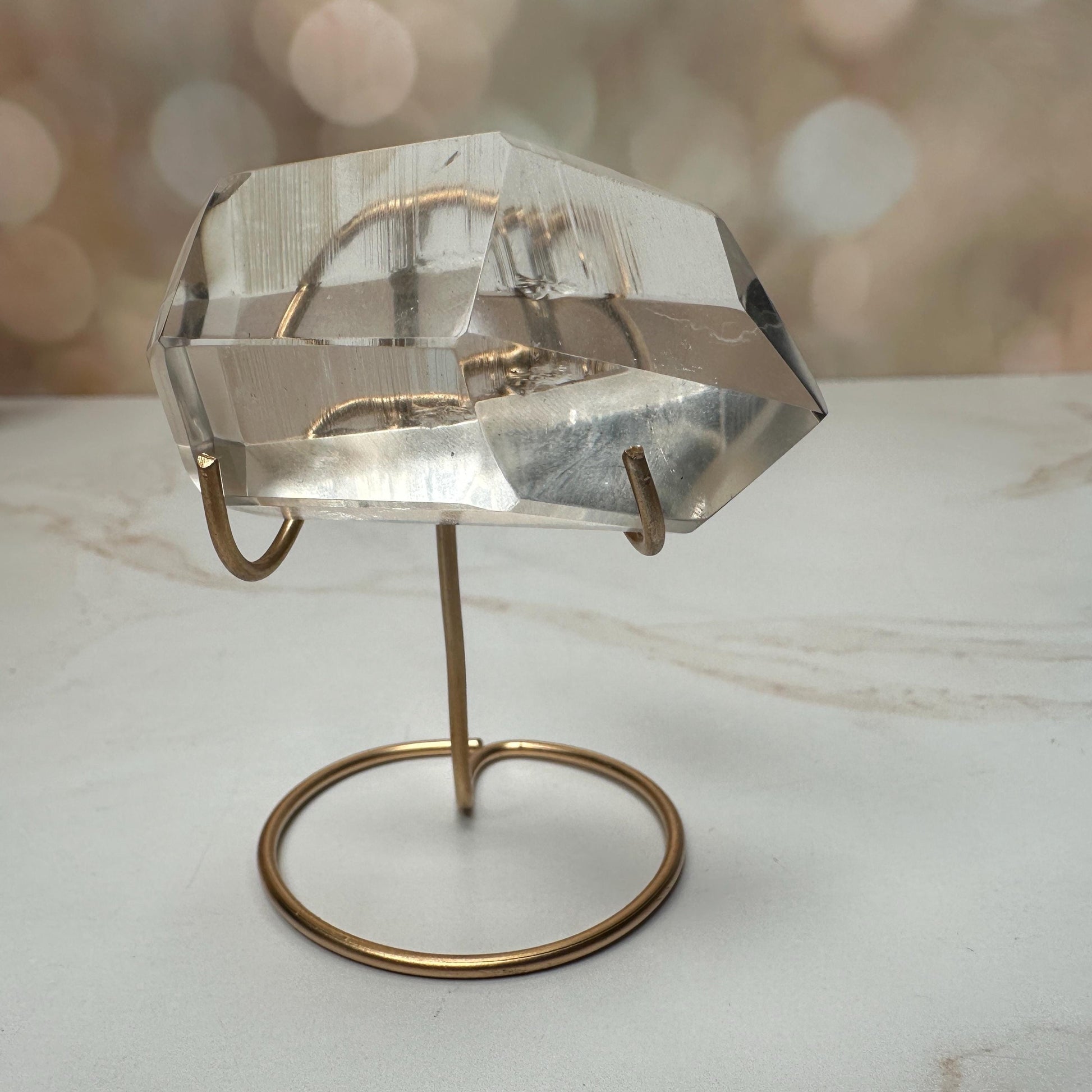 Lemurian Quartz Semi Polished Point | On Custom Gold Stand From Brazil