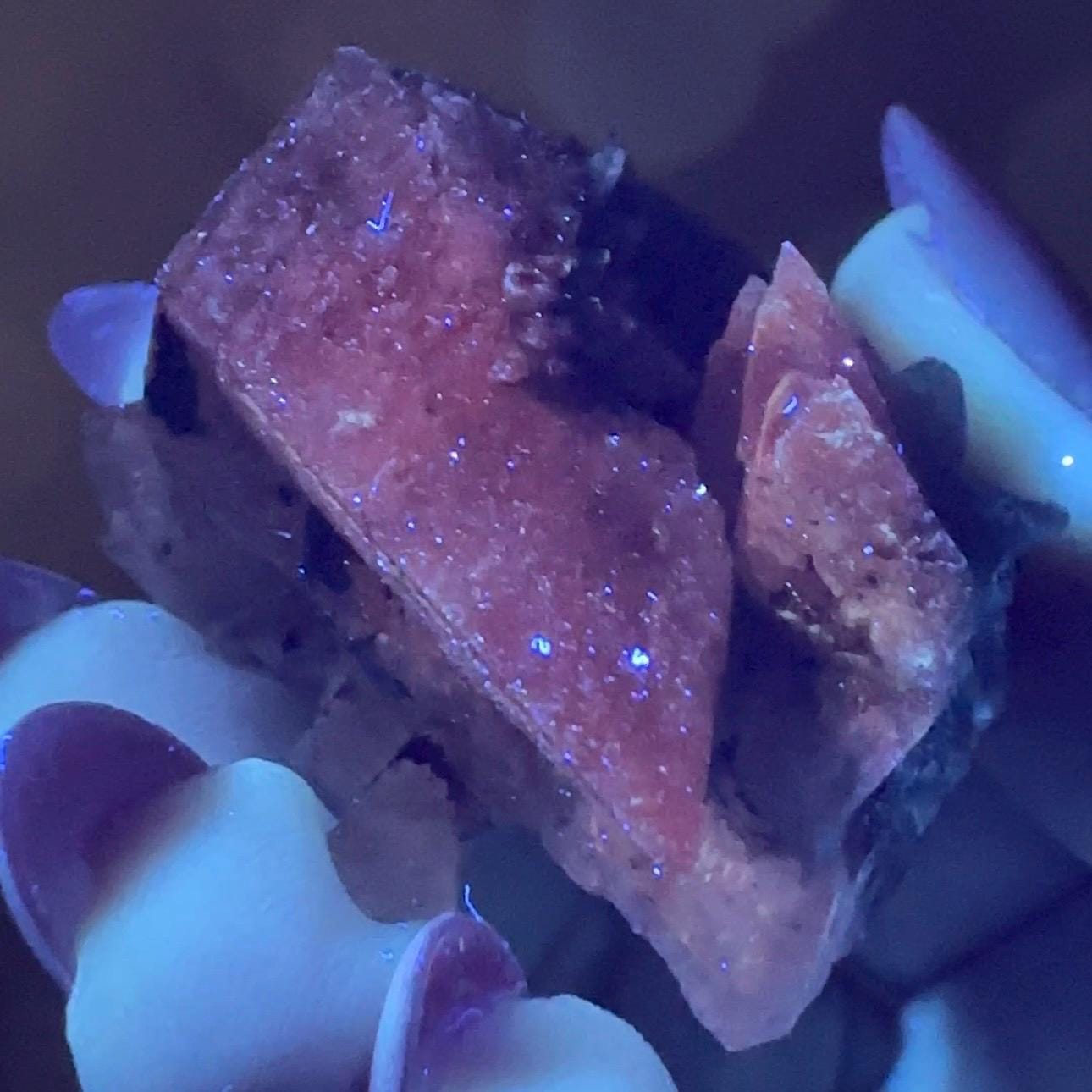 Calcite with Hematite – UV Reactive – Potosi Mine, Santa Eulalia, Chihuahua, Mexico