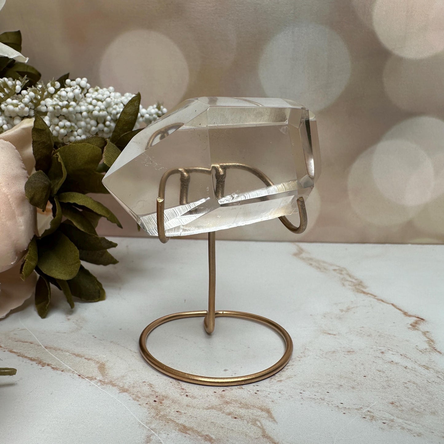 Lemurian Quartz Semi Polished Point | On Custom Gold Stand From Brazil