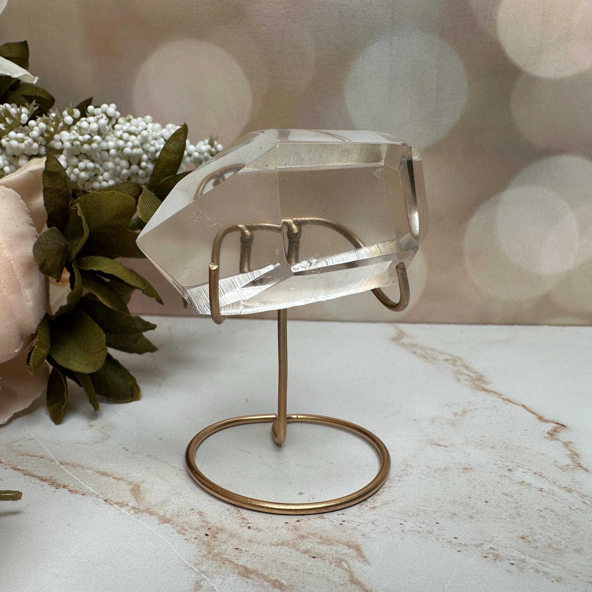 Lemurian Quartz Semi Polished Point | On Custom Gold Stand From Brazil
