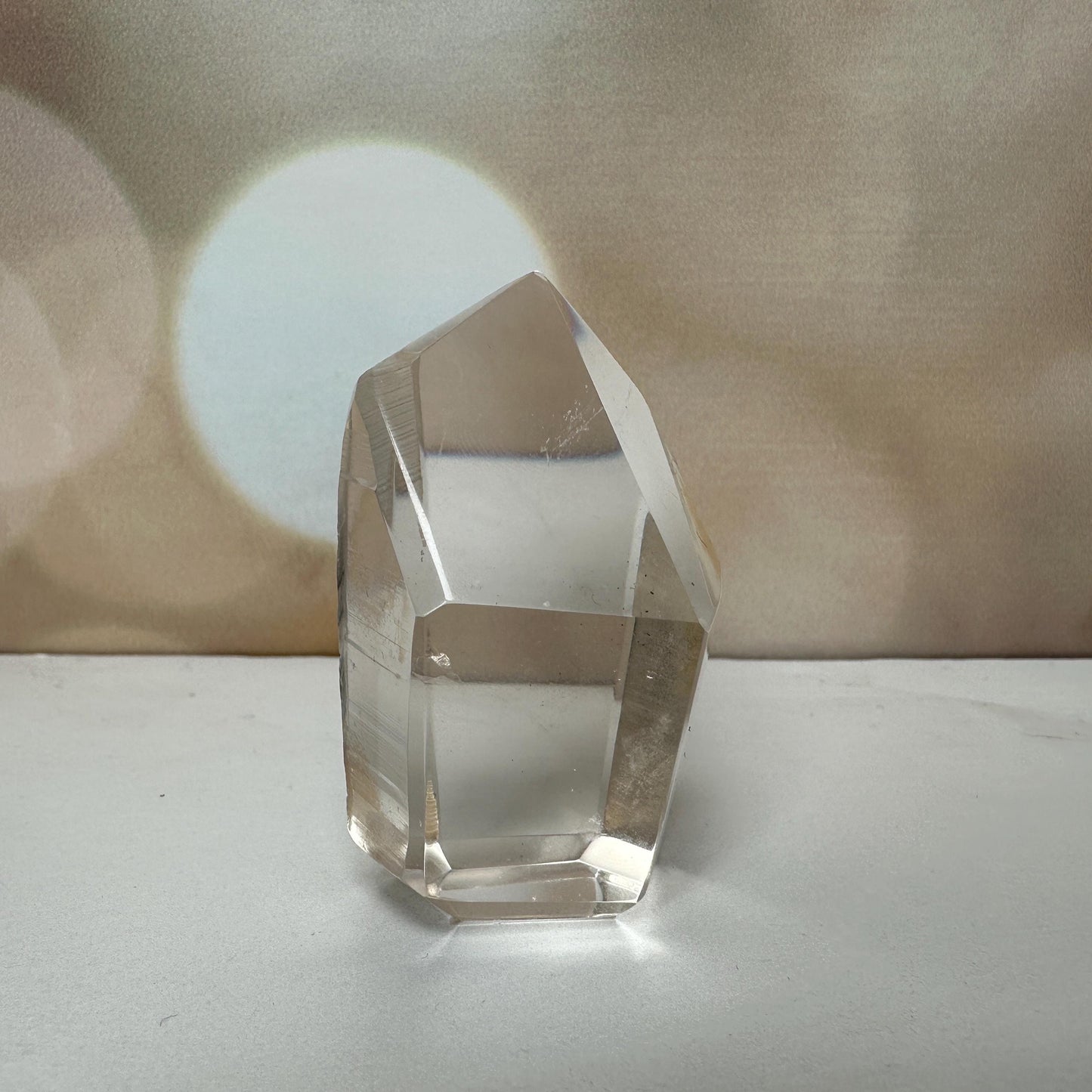 Lemurian Quartz Semi Polished Point | On Custom Gold Stand From Brazil