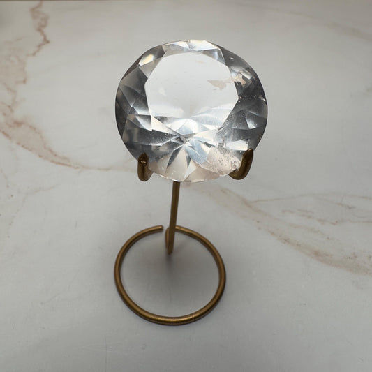 Clear Quartz Faceted Diamond On Custom Gold Stand From Brazil