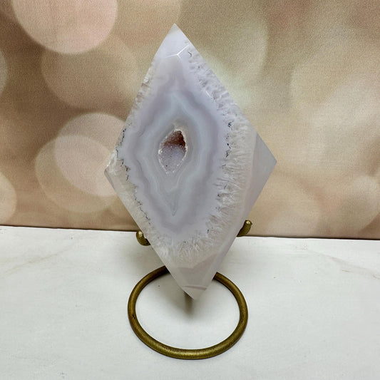 Diamond Agate Blue Banding On Custom Gold Stand From Brazil | Tucson Gem Show Exclusive