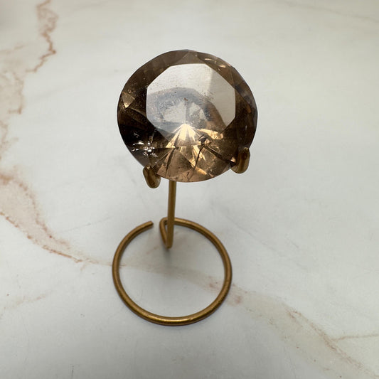 Smoky Quartz Faceted Diamond On Custom Gold Stand From Brazil With Rainbow