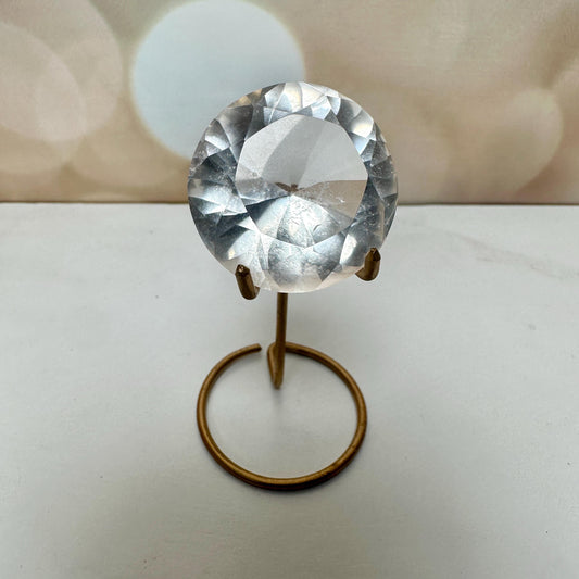 Clear Quartz Faceted Diamond On Custom Gold Stand From Brazil