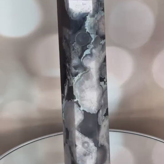 Large Black Flower Agate Tower | Natural Blue Cherry Sakura Blossom Point