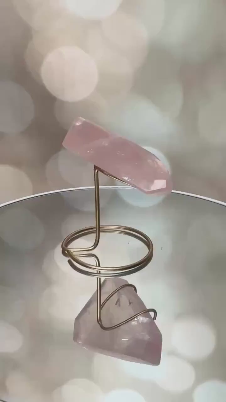 AAA Rose Quartz Freeform Crystal With Rainbow On Custom Gold Stand From Brazil