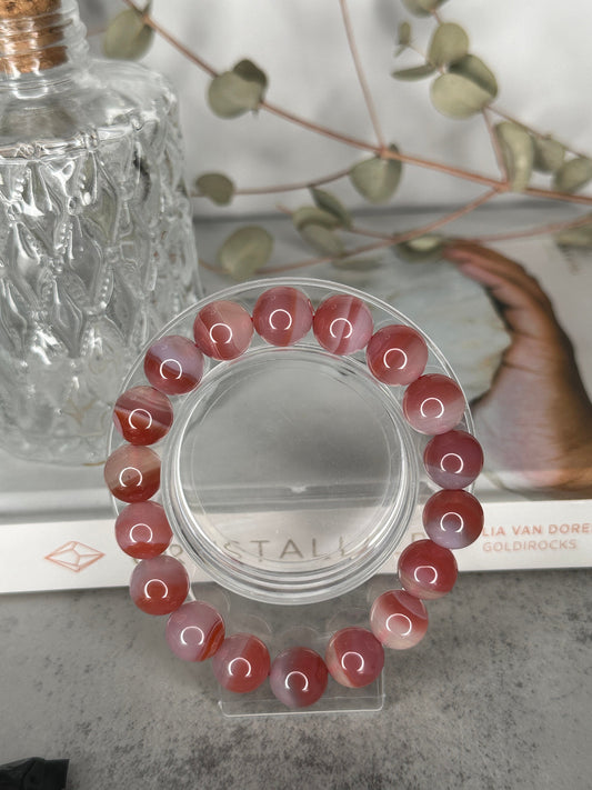 AAA+ Pink Botswana Agate Bracelet | Genuine High-Quality Crystal Jewelry | Amazing Banding | Reddish | 11.5mm